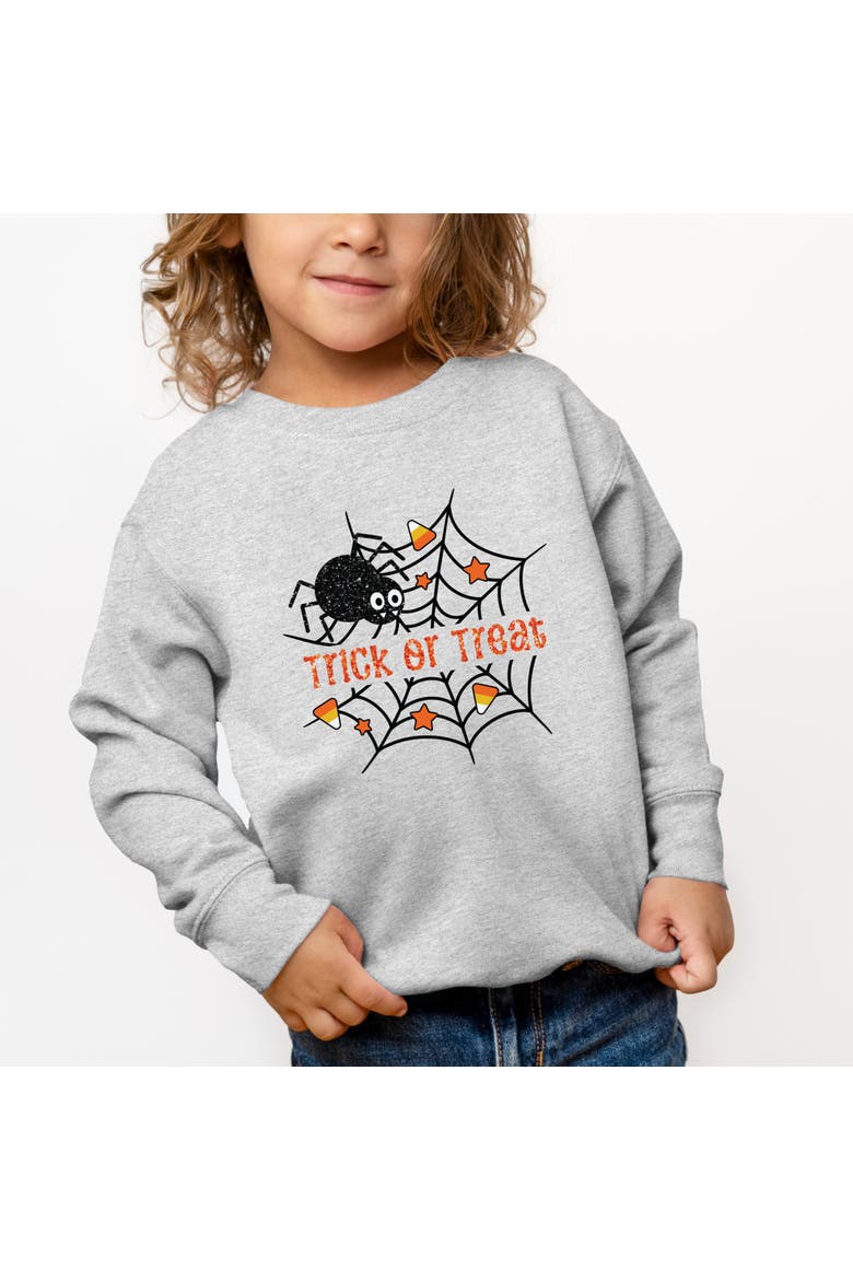 Trick or Treat Spiderweb Glitter Toddler Graphic Sweatshirt, Main, color, Heather Grey