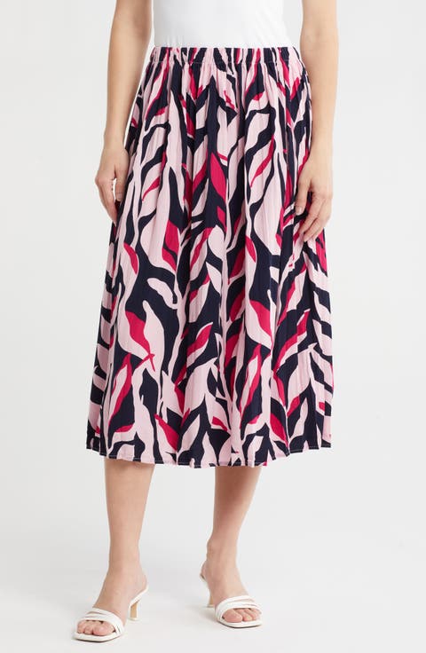 Leaf Print A-Line Midi Skirt