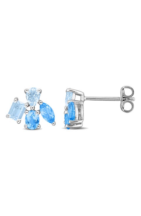Multiple Cut Swiss Blue Topaz Cluster Stud Earrings