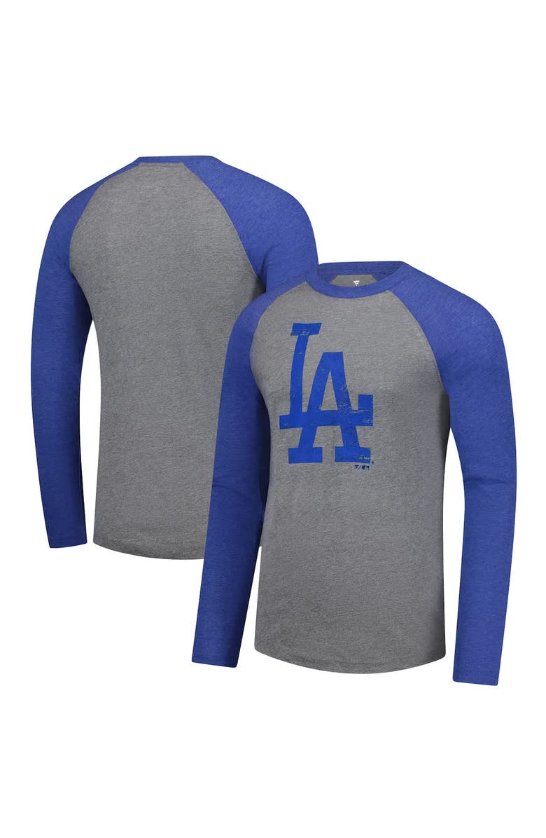 FANATICS Men's Fanatics Heather Gray/Heather Royal Los Angeles Dodgers Weathered Logo Tri-Blend Raglan Long Sleeve T-Shirt, Alternate, color,