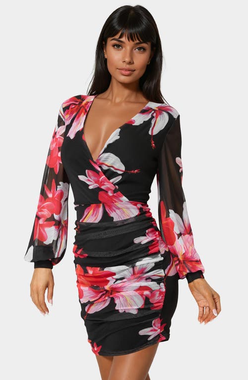 Bebe Long Sleeve Ruched Faux Wrap Minidress In Multi