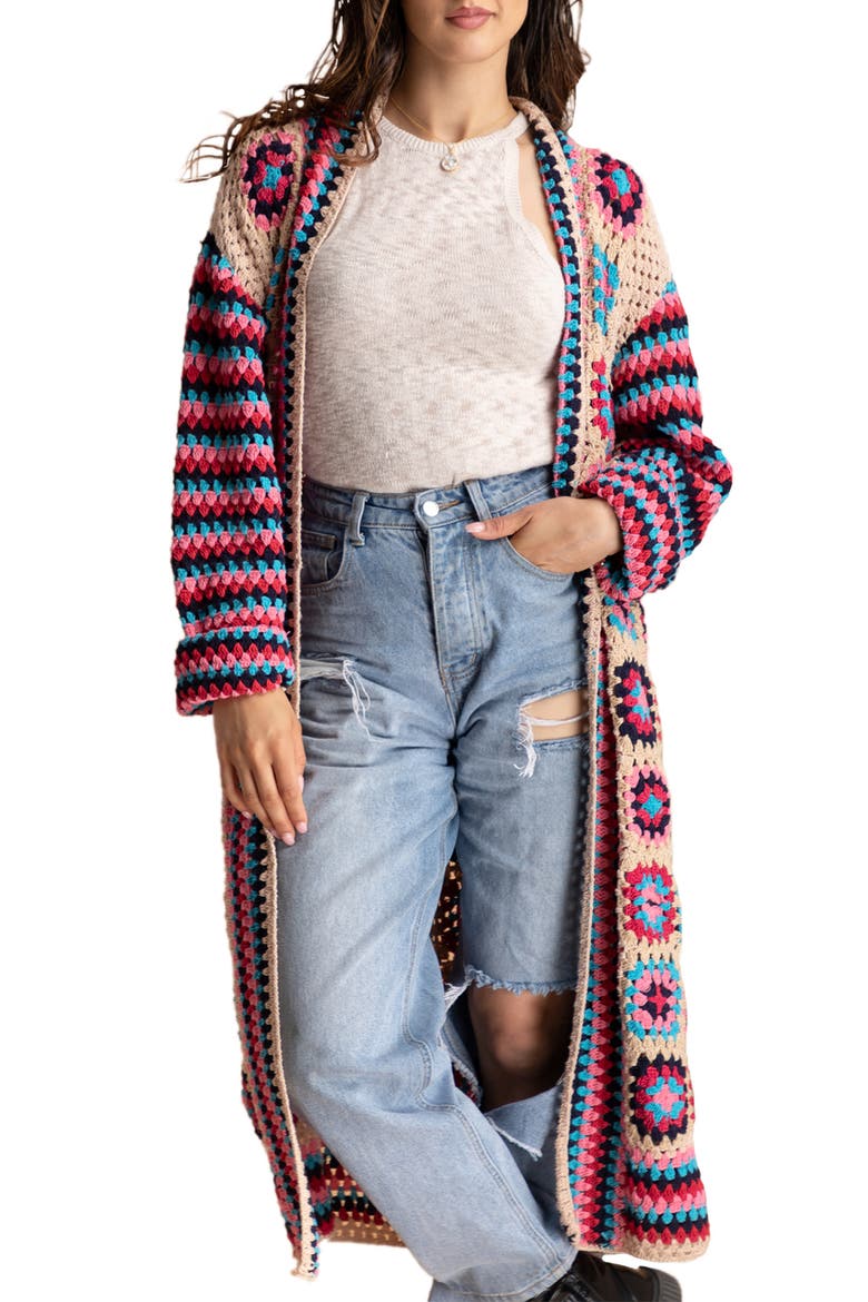 Granny Square Crochet Longline Cardigan, Main, color, PINK