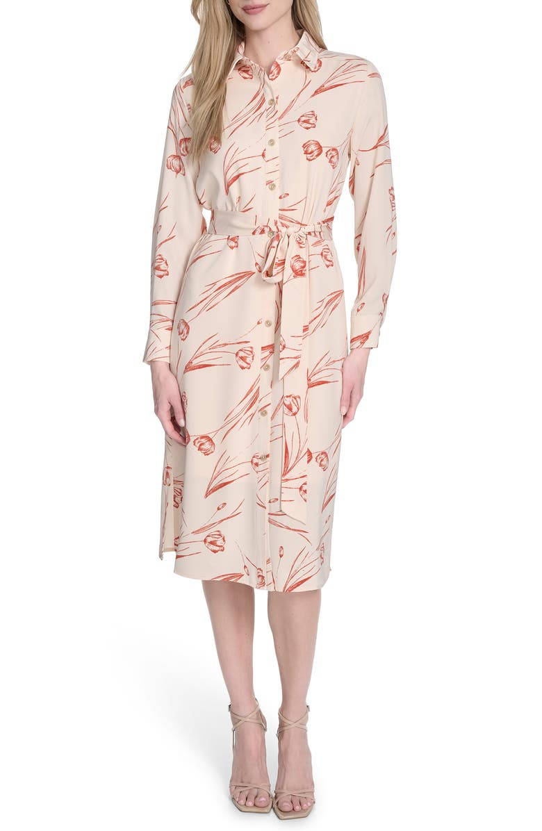 Calvin Klein Long Sleeve Shirtdress, Main, color, Antique White Multi