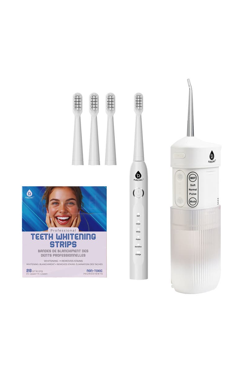 PURSONIC PowerSmile Bundle - USB Rechargeable Sonic Toothbrush, Collapsible Water Flosser & Professional Teeth Whitening Strips for a Complete Oral Care System, Main, color, White