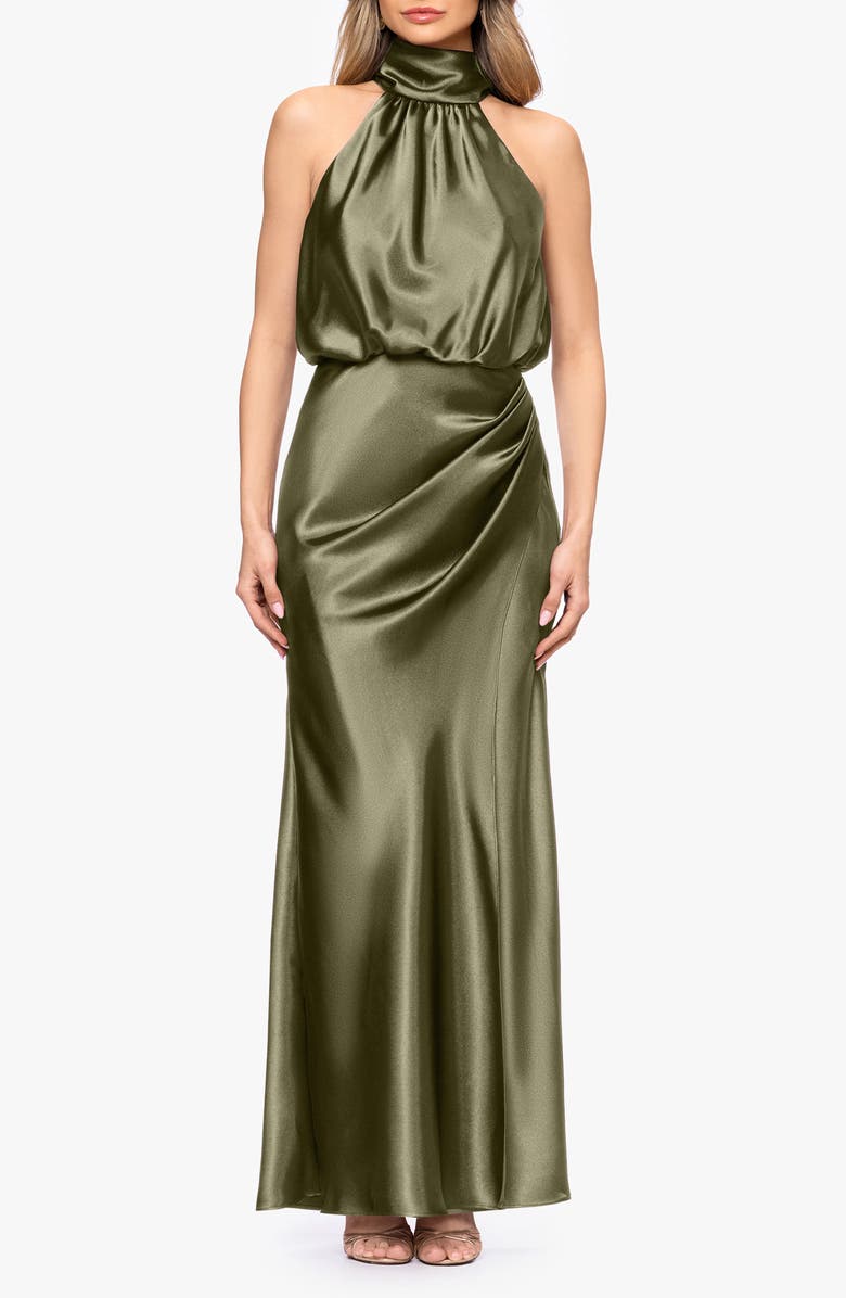 Betsy & Adam Halter Charmeuse Gown, Main, color, Olive