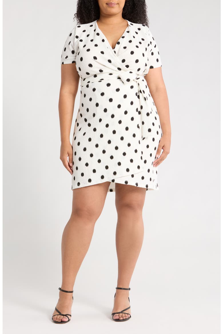 Polka Dot Short Sleeve Wrap Dress, Main, color, WHITE/ BLACK