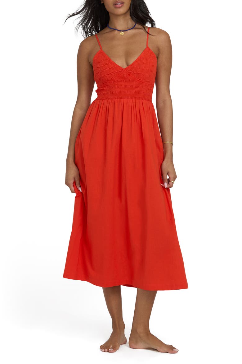 Such a Trip Smocked Bodice Cotton Midi Dress, Main, color, RED ALOHA