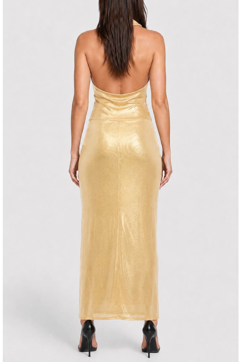 Plunge Metallic Halter Midi Dress, Alternate, color, GOLD