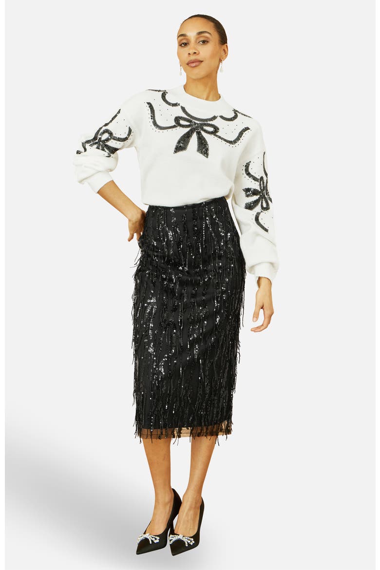 Hanging Sequin Fitted Midi Skirt, Alternate, color, Black