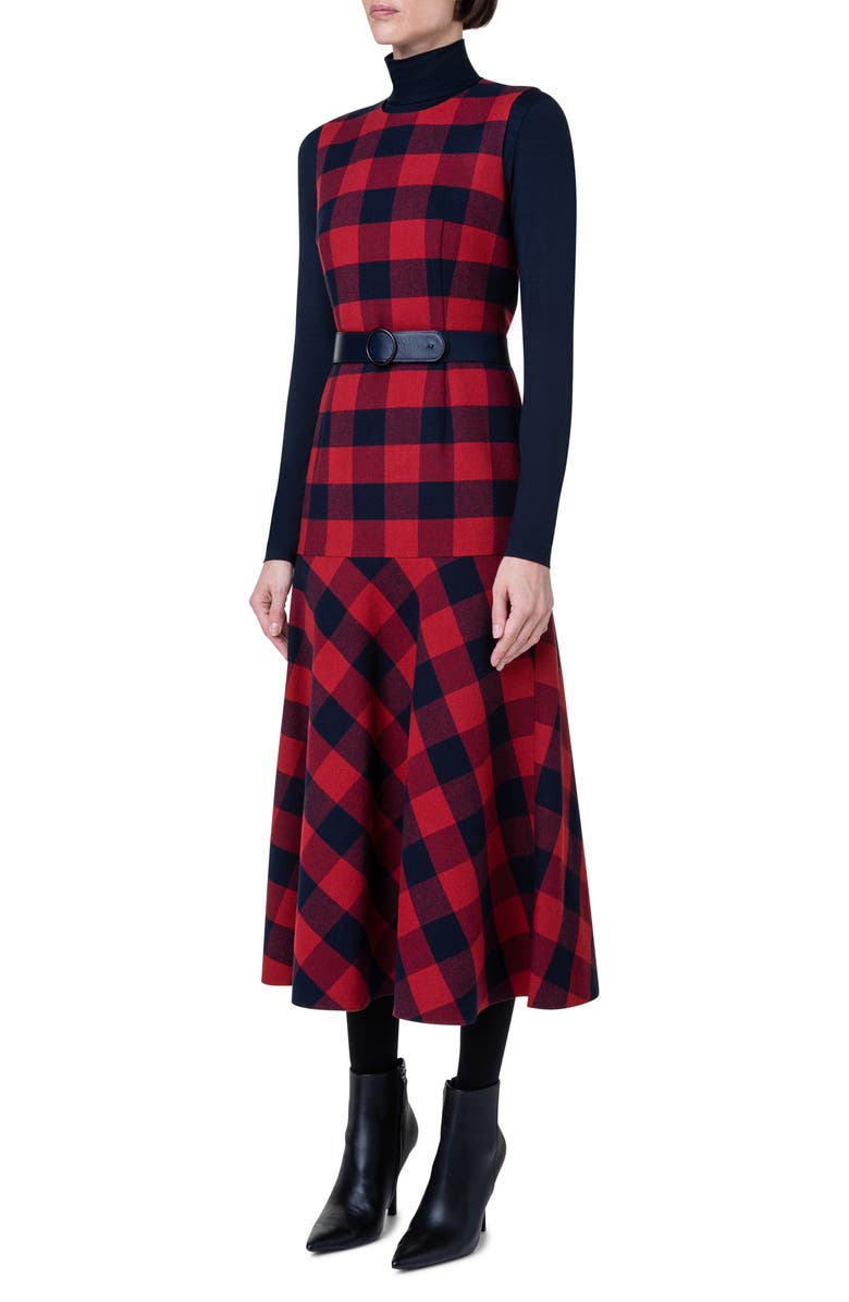 Akris punto Buffalo Plaid Wool & Cotton Flannel Drop Waist Dress, Alternate, color,
