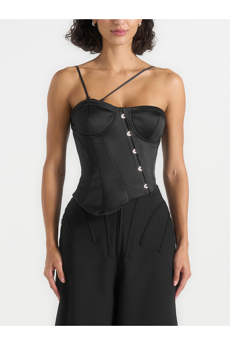 Aurelia Asymmetric Satin Corset Top, Alternate, color, Black