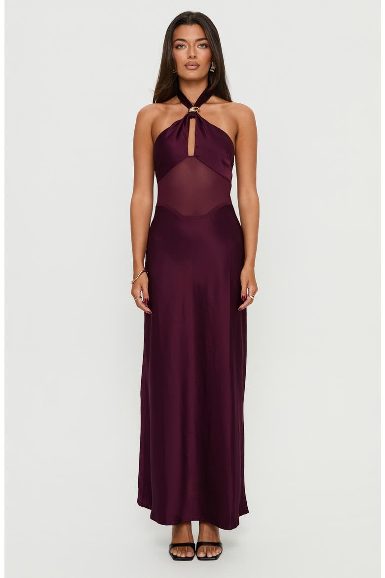 Rosario Sheer Panel Satin Halter Gown, Alternate, color, PLUM