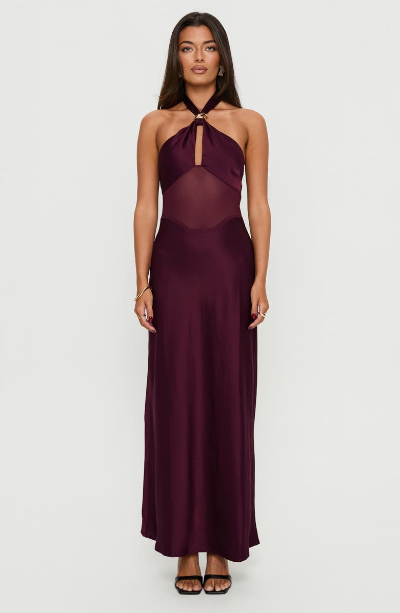 Princess Polly Rosario Sheer Panel Satin Halter Gown, Alternate, color, Plum