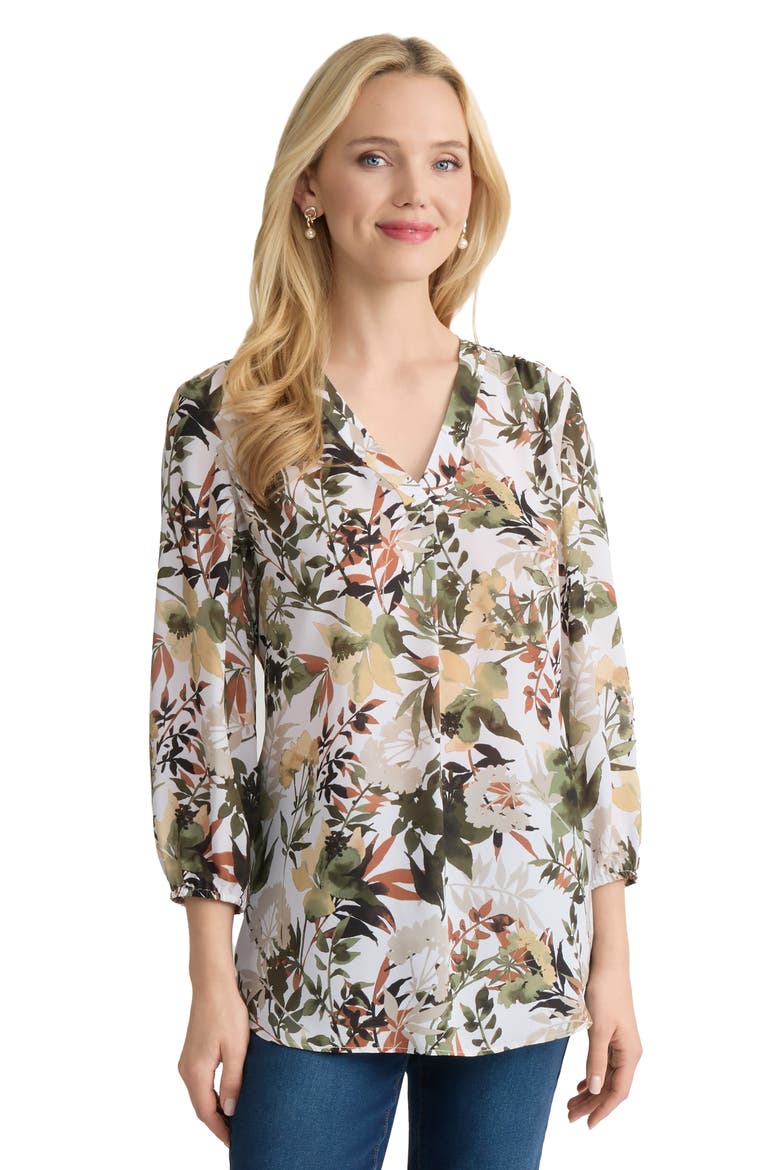 Floral Three Quarter Sleeve Crepe Top, Alternate, color, WHITE SAND MULTI