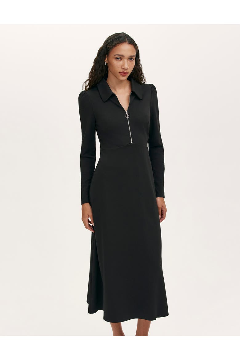 Elvira Ponte Jersey Zip Front Midi Dress, Main, color, Black