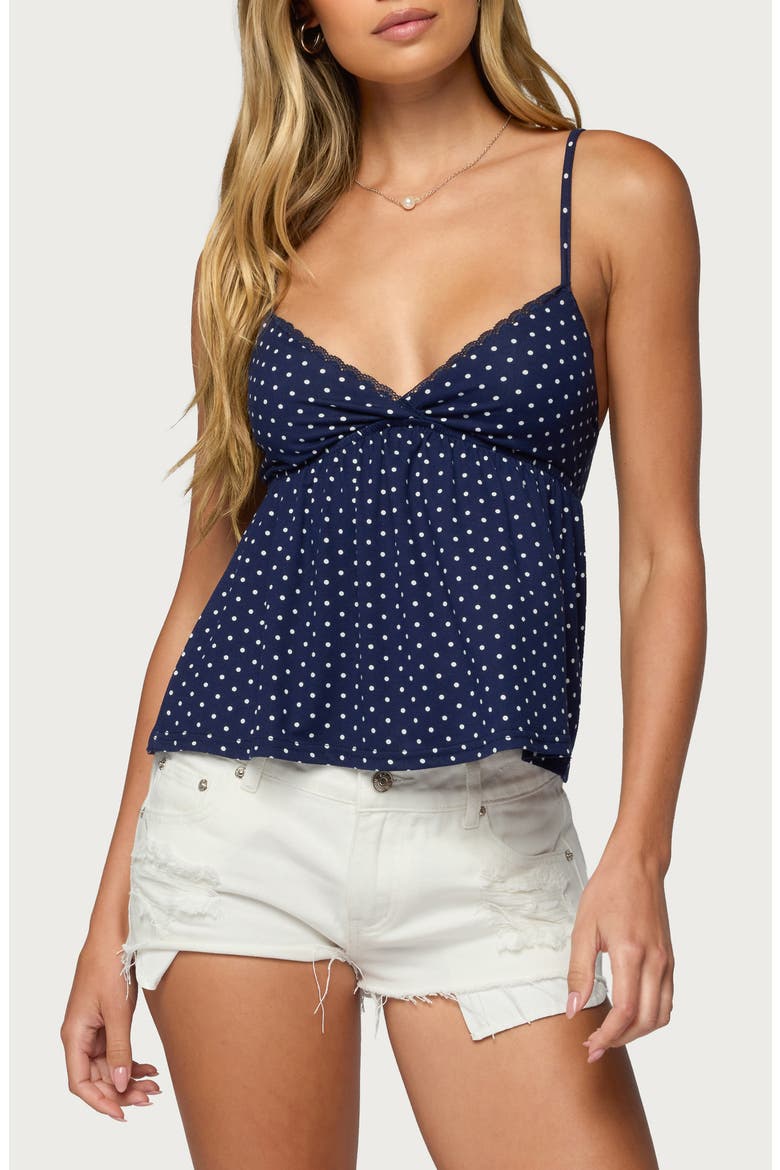 Belen Polka Dot Lace Trim Top, Main, color, NAVY-AND-WHITE