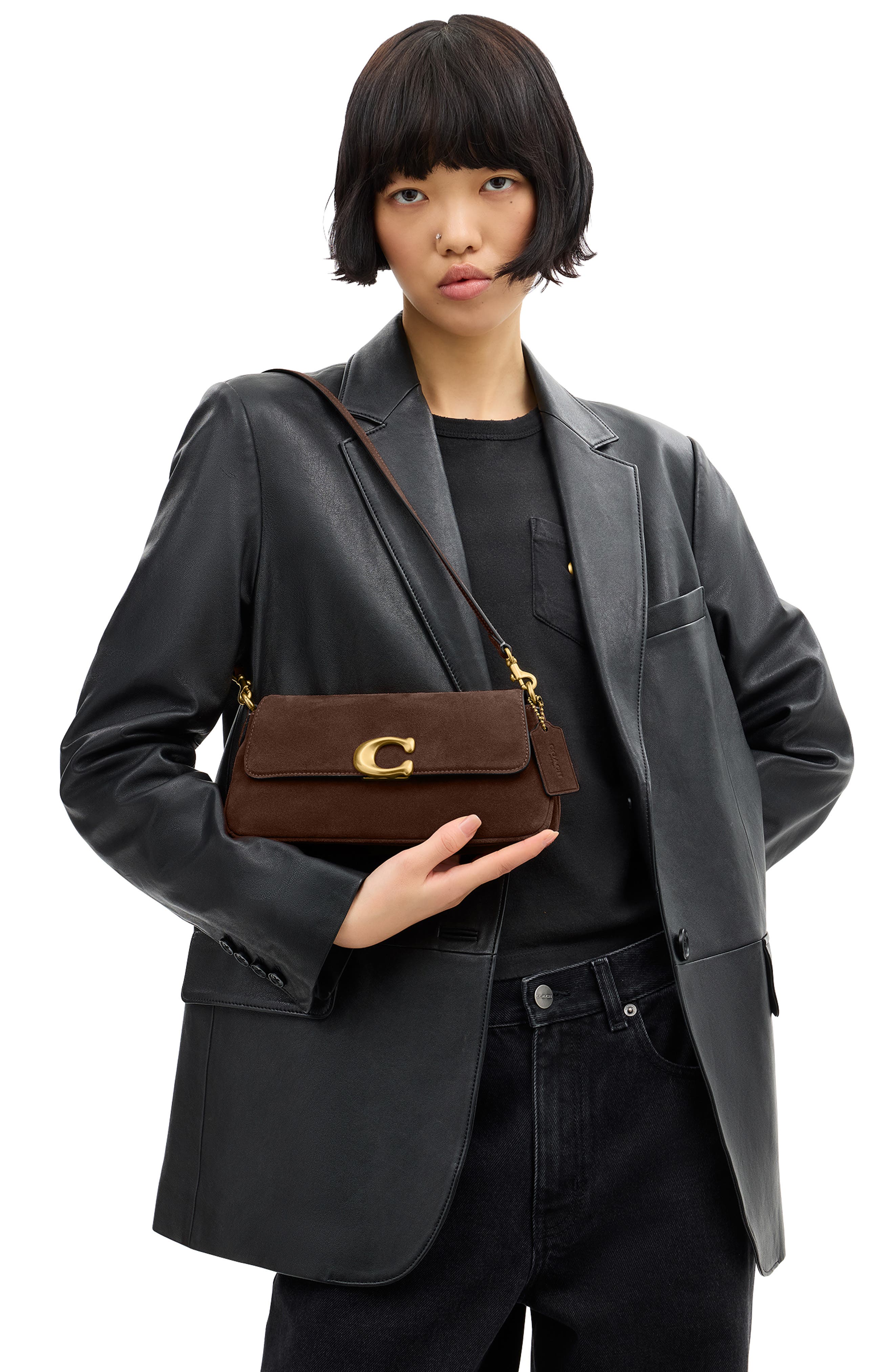 Jet Suede Shoulder Bag, Alternate, color, DARK CHOCOLATE