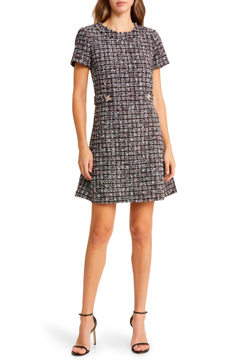 Eliza J Bouclé Shift Dress, Main, color, Black