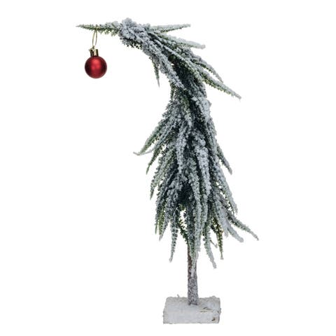 Tall Faux Evergreen Tree with Wood Base and Snow Finish, Green and Red