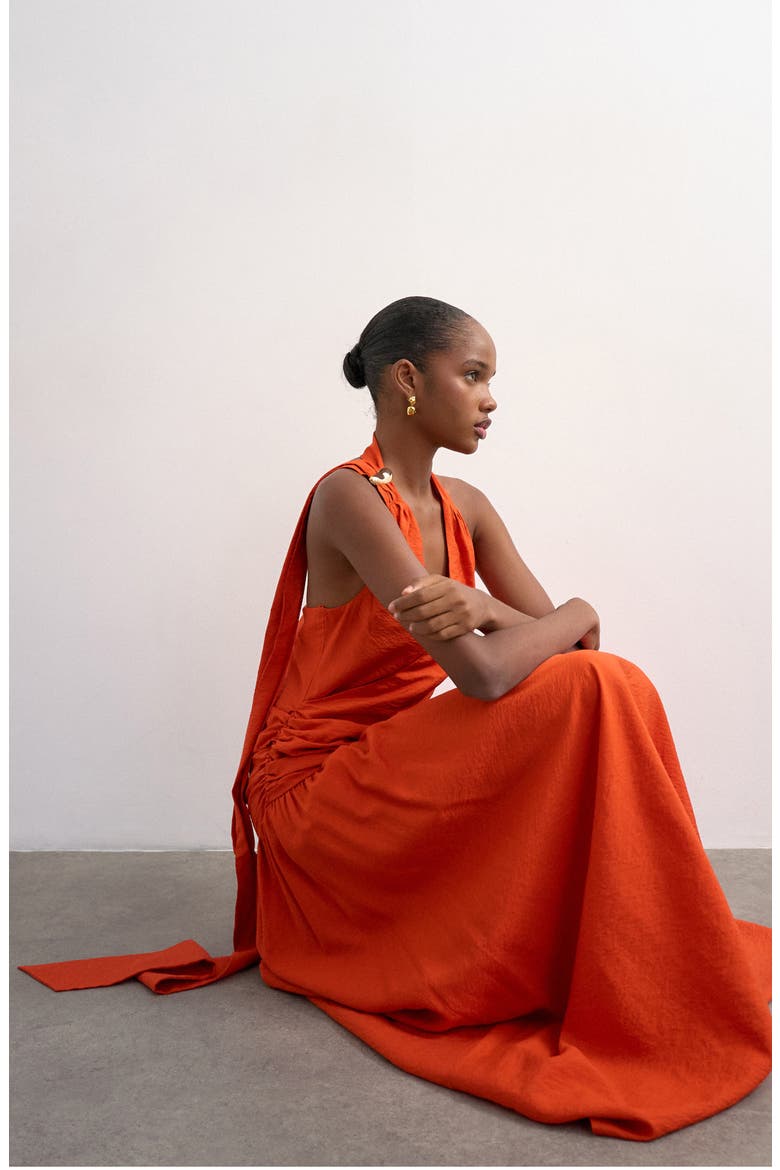 Scarf Neck Plunge Maxi Dress, Alternate, color, ORANGE