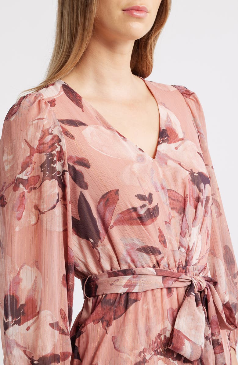 Anne Klein Metallic Stripe Floral Long Sleeve Midi Dress, Alternate, color, Rose Mist Multi