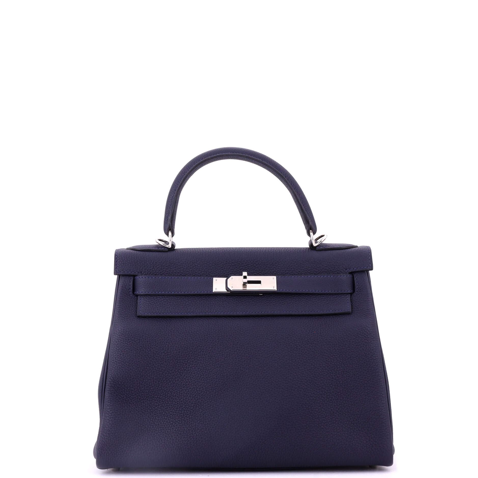 Pre-Owned Hermes Kelly Handbag Blue Togo with Palladium Hardware 28, Main, color, Bleu Nuit
