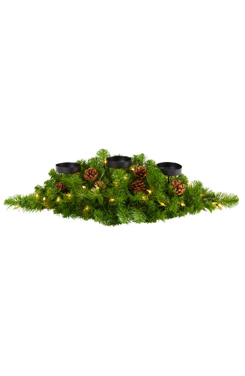NEARLY NATURAL 30-in Christmas Artificial Pine Triple Candelabrum with 35 Clear Lights and Pine Cones, Main, color, Green