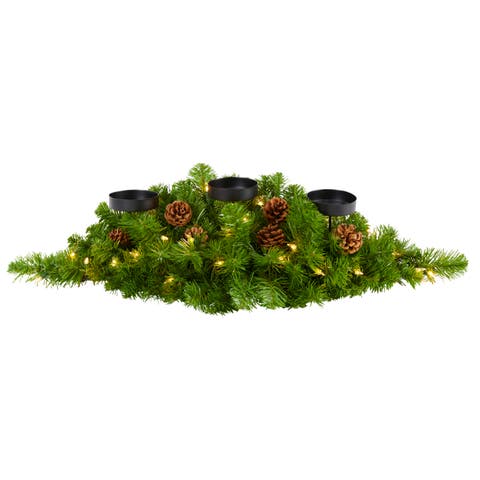 30-in Christmas Artificial Pine Triple Candelabrum with 35 Clear Lights and Pine Cones