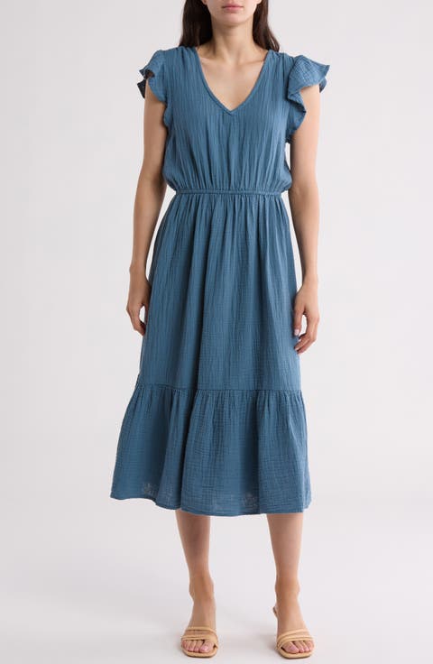 Flutter Sleeve Cotton Gauze Midi Dress