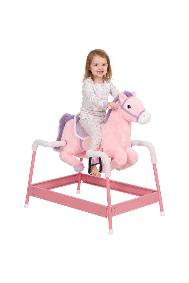Kids Spring Rocking Horse, Ride on Horse with Neighing Sounds, Plush Animal Ride on Toy with Covered Spring, Main, color, pink