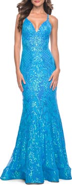 La Femme Neon Mermaid Print Sequin Dress with Lace Up Open Back