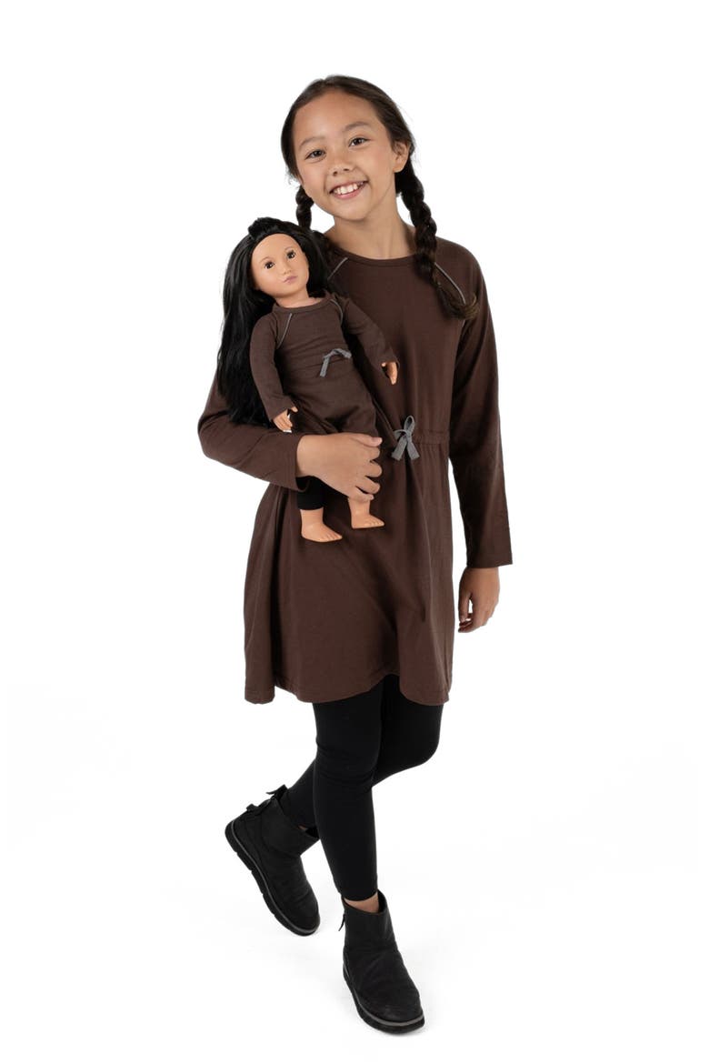 Girls Bow Tie Dress with Matching Doll Dress, Alternate, color, BROWN