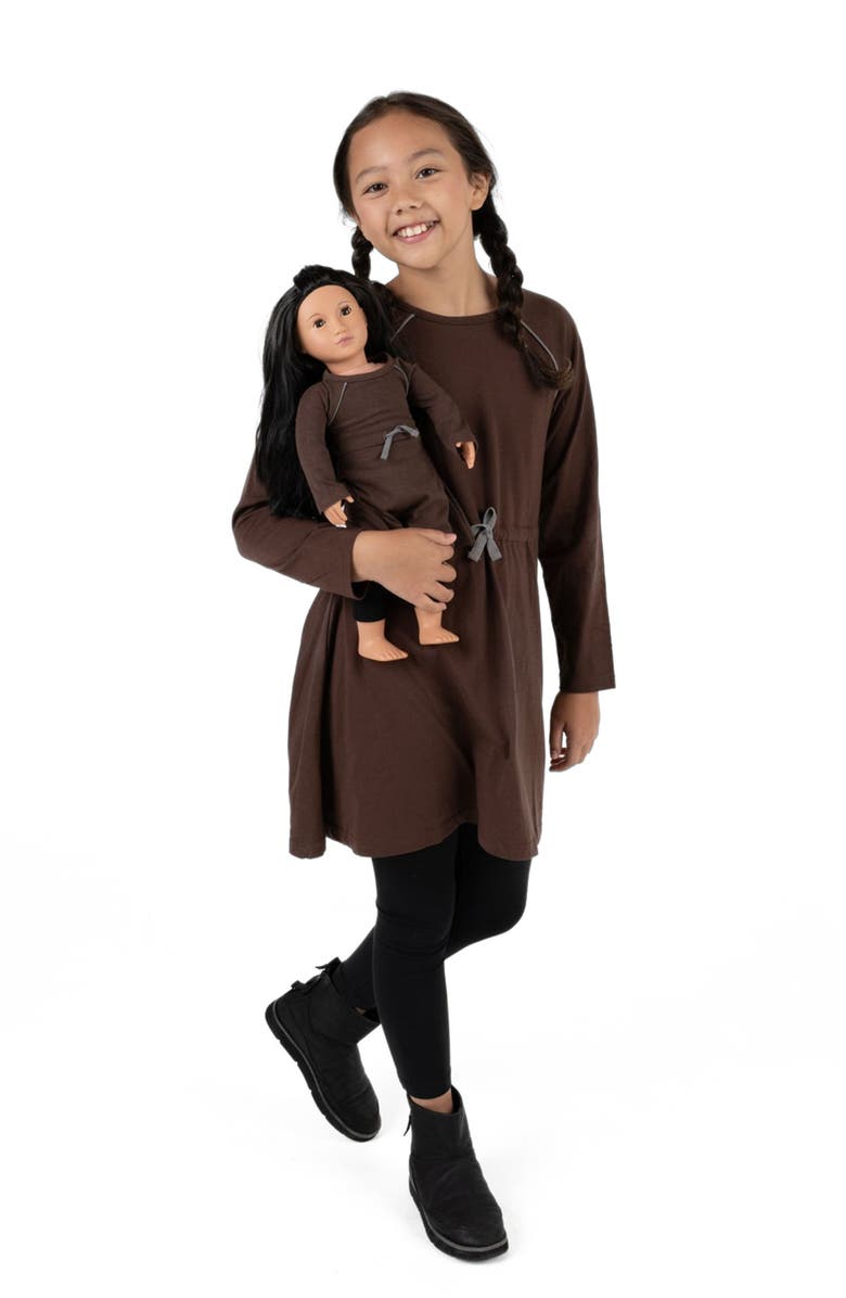 Leveret Girls Bow Tie Dress with Matching Doll Dress, Alternate, color, Brown