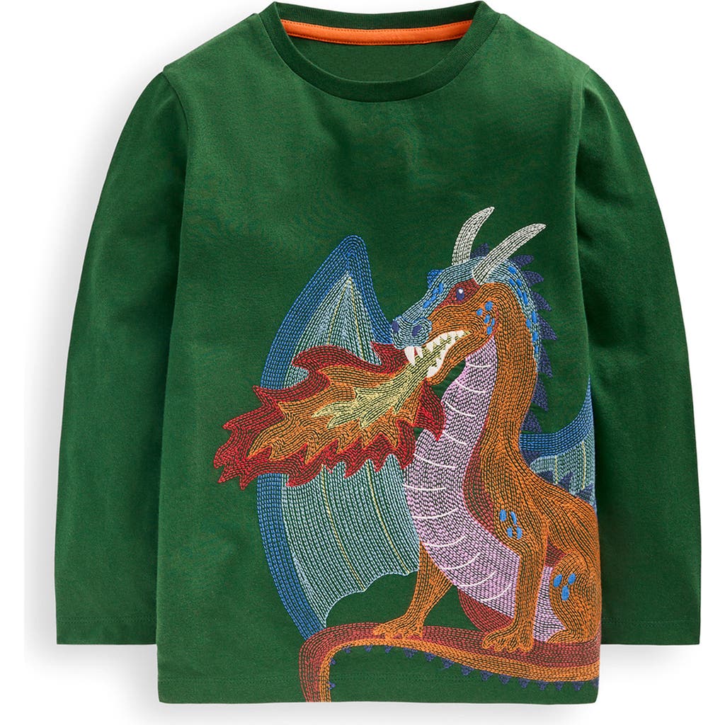 Mini Boden Kids' Embroidered Dragon Long Sleeve Cotton T-shirt In Green