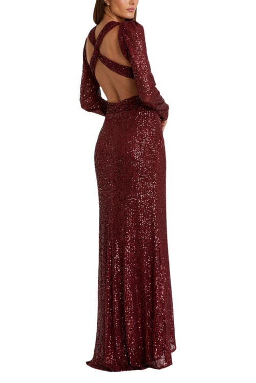 Mac Duggal Sequined Criss Cross Long Sleeve Gown In Wine