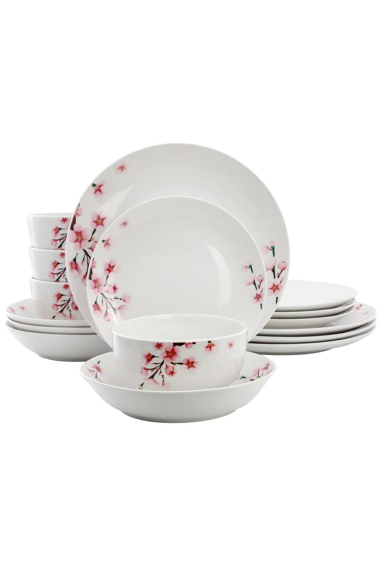 Elama Tamara 16 Piece Porcelain Double Bowl Dinnerware Set, Service for 4, Main, color, White