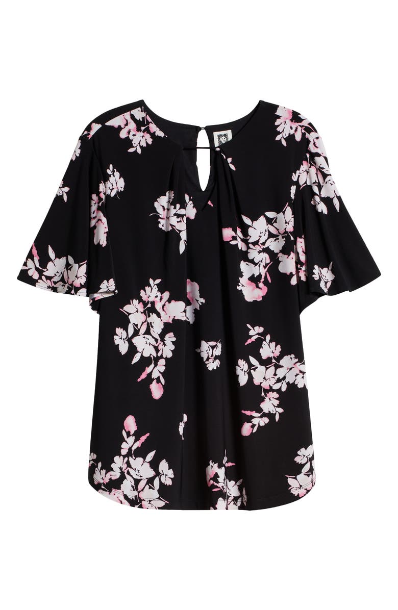 Anne Klein Floral Print Pleat Neck Top, Alternate, color, Anne Black Multi