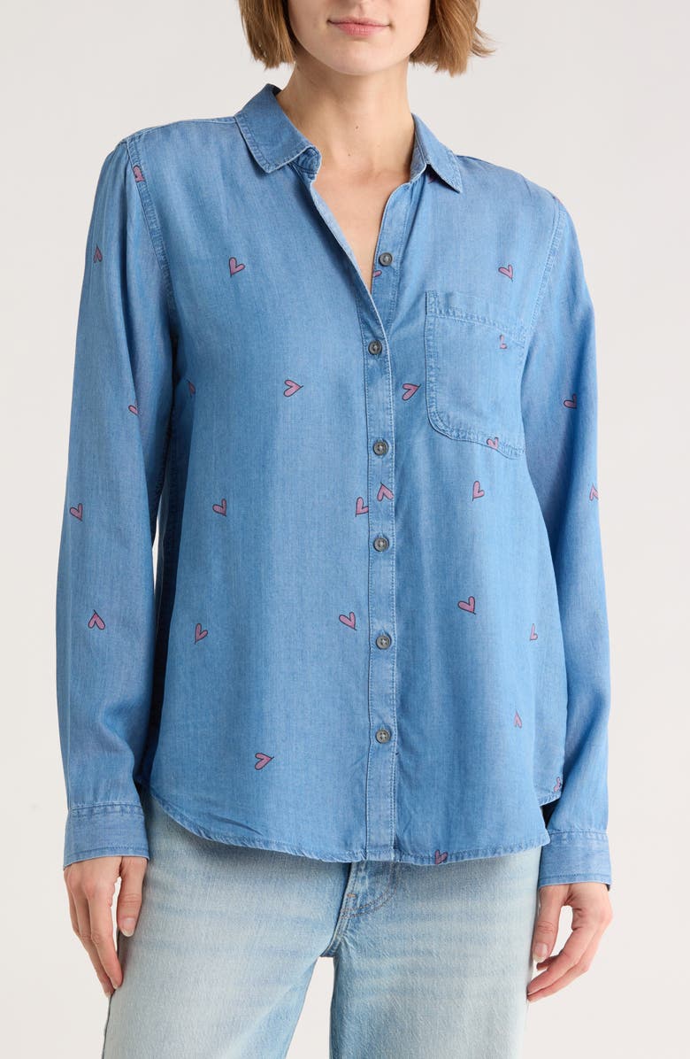 beachlunchlounge Cassie Chambray Button-Up Shirt, Main, color, Floating Hearts