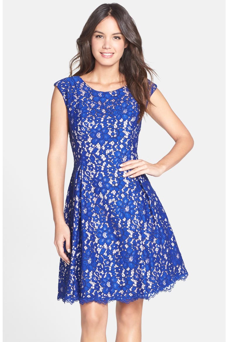 Lace Fit & Flare Dress, Main, color, BLUE