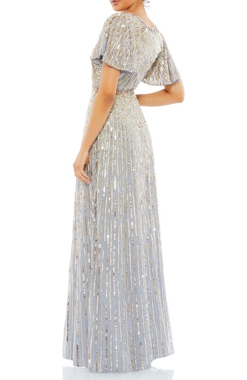 Mac Duggal Embellished V Neck Butterfly Sleeve Column Gown In Platinum