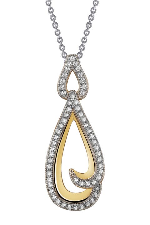 Platinum & Gold Plated Sterling Silver Simulated Diamond Open Teardrop Pendant Necklace