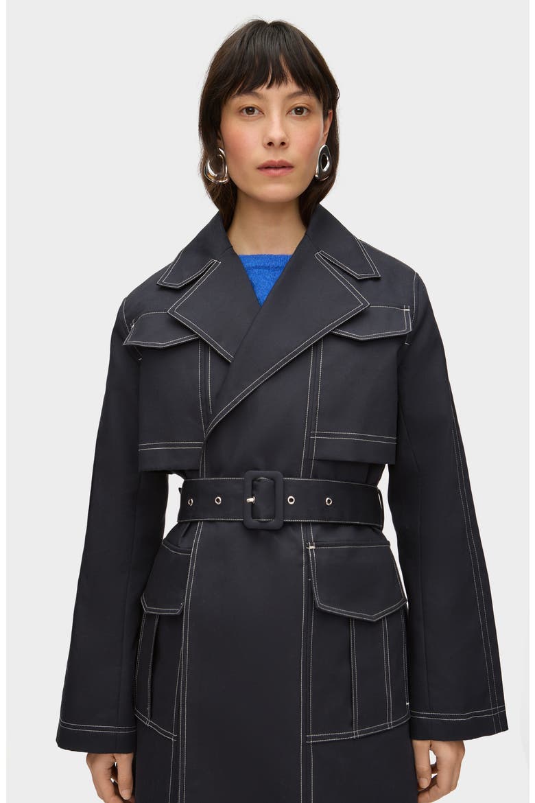 Elsa Topstitch Detail Organic Cotton Trench Coat, Alternate, color, NAVY