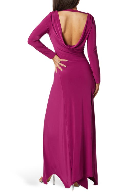 Bebe Cowl Back Long Sleeve Sharkbite Hem Maxi Dress In Purple