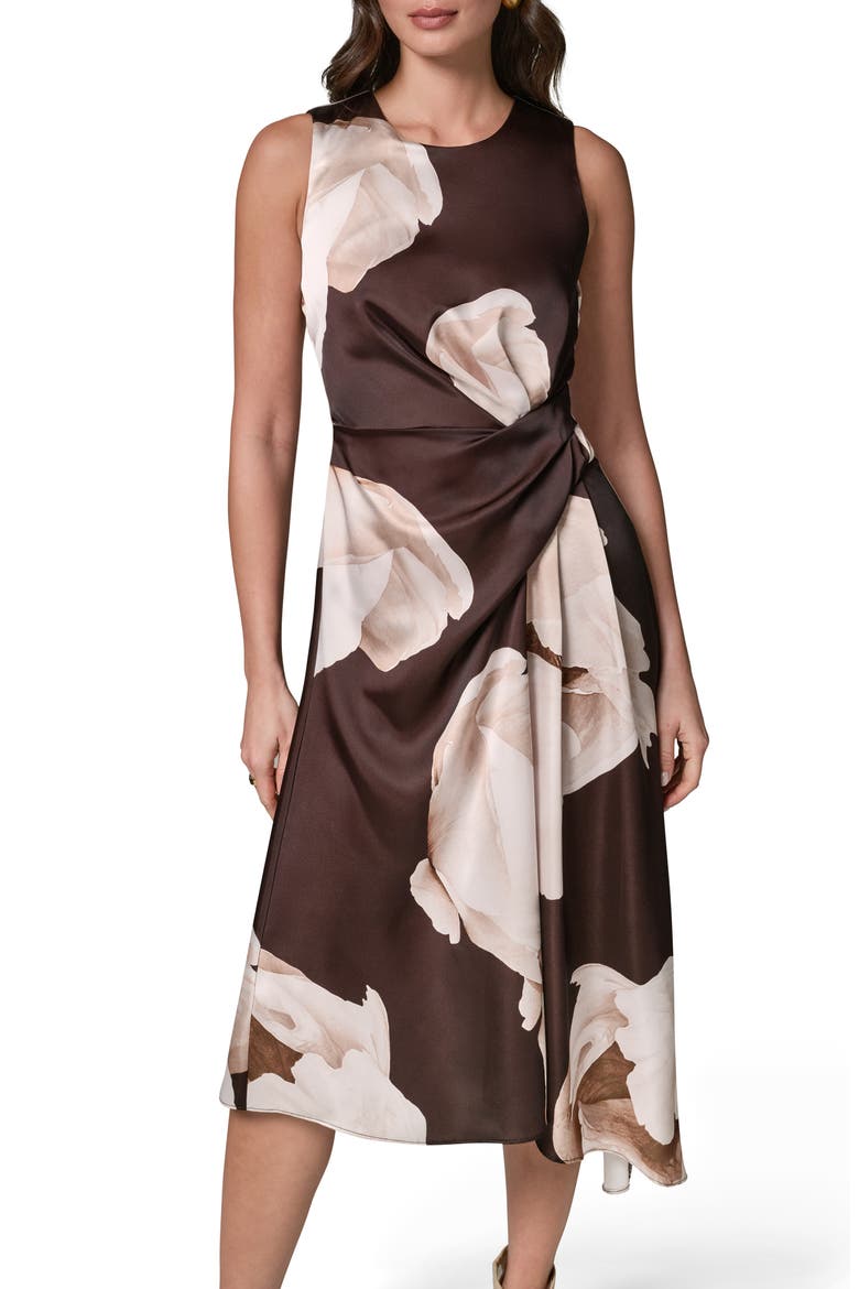 Floral Print Satin Midi Dress, Alternate, color, ESPRESSO MULTI