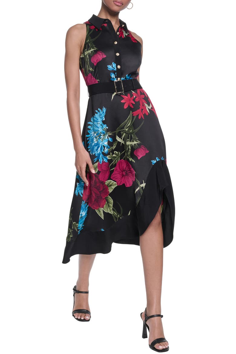 Floral Print Asymmetric Midi Dress, Main, color, BLACK PORT MULTI
