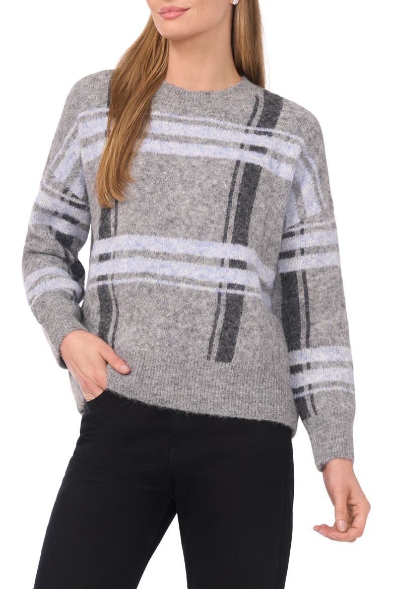 Plaid Jacquard Crewneck Sweater, Main, color, GREY SEAL HEATHER