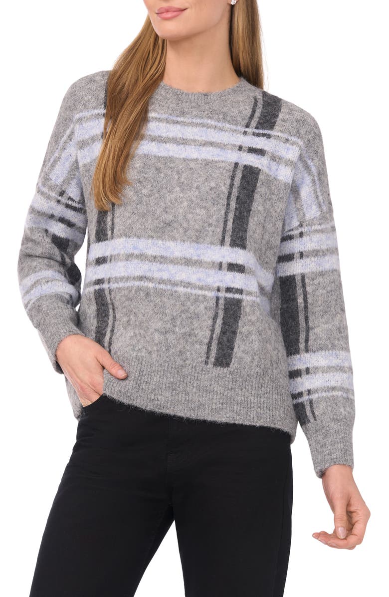 Halogen<sup>®</sup> Plaid Jacquard Crewneck Sweater, Main, color, Grey Seal Heather