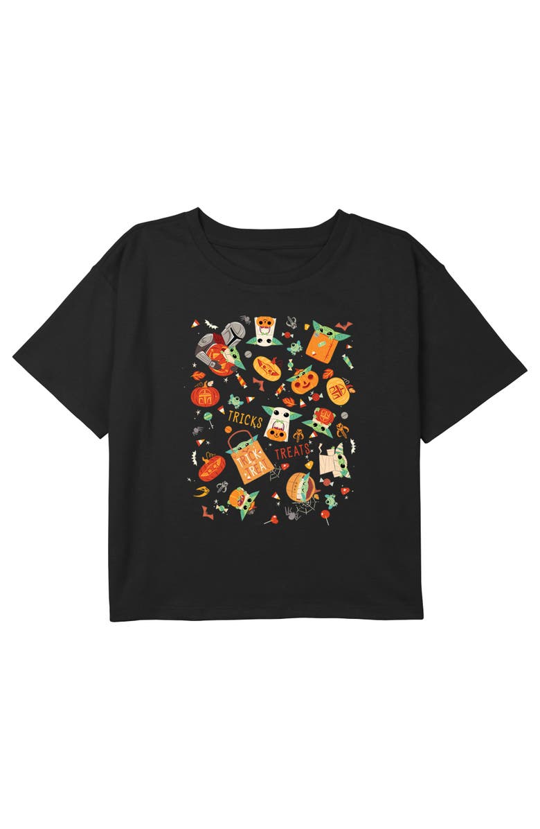Star Wars: The Mandalorian Girl's Star Wars The Mandalorian Trick or Treat Grogu Collage Graphic T-Shirt, Main, color, Black