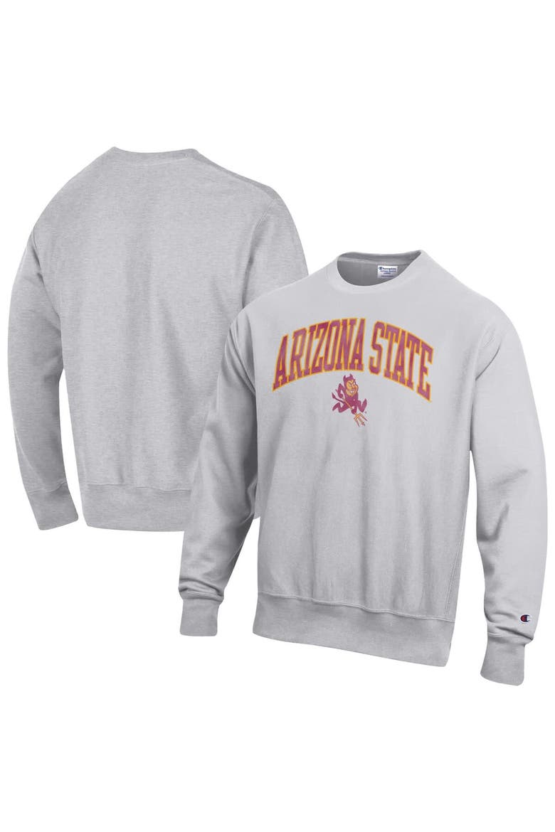 Men's Champion Gray Arizona State Sun Devils Distressed Arch Over Logo Reverse Weave Crew Neck Sweatshirt, Main, color, Gray