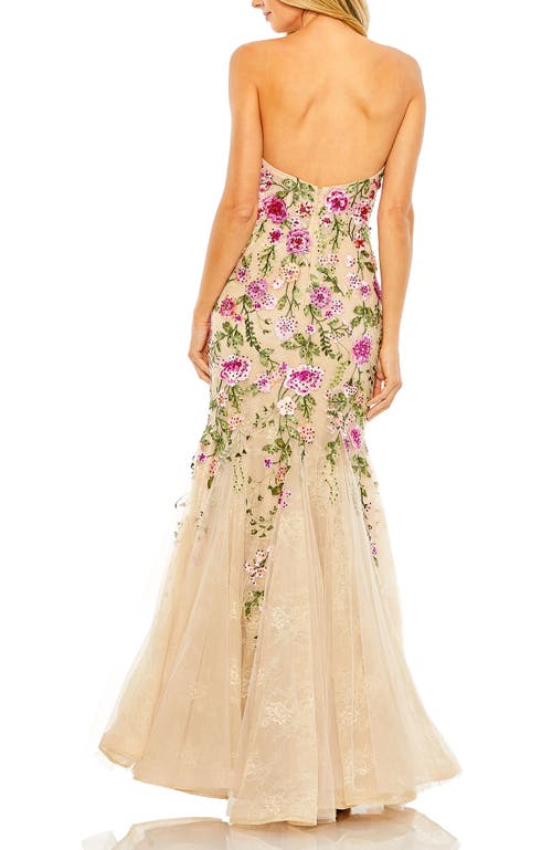 Mac Duggal Strapless Sheer Bustier Embroidered Mermaid Gown In Pink Multi